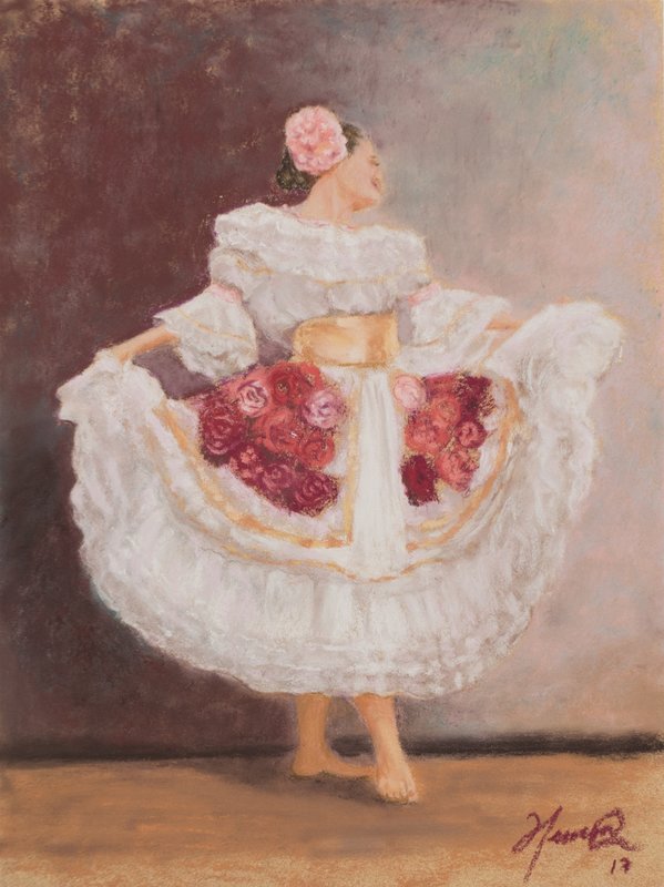 Woman with typical dance skirt posing with extended arms