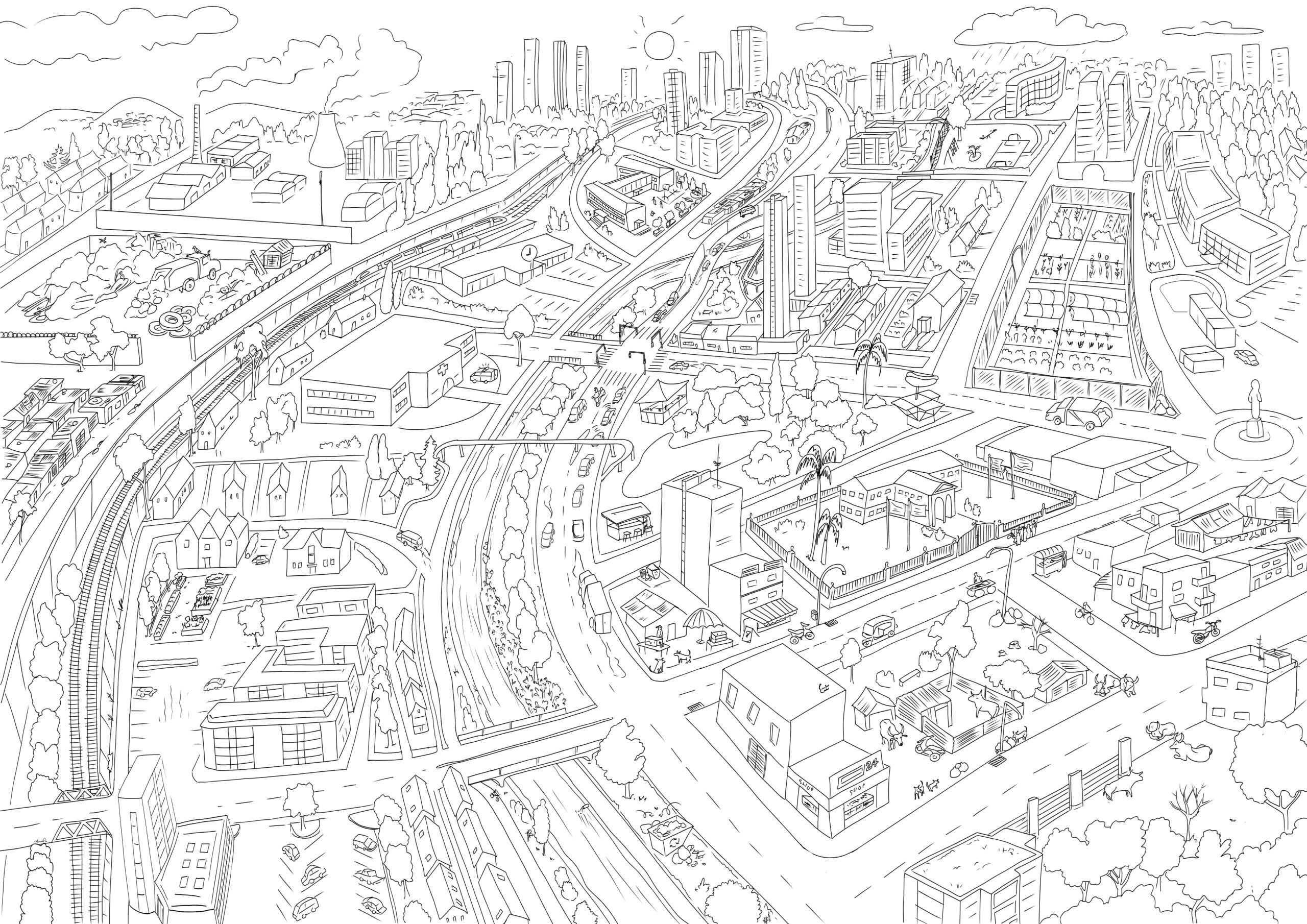 Draeing of a city from an aereal perspective