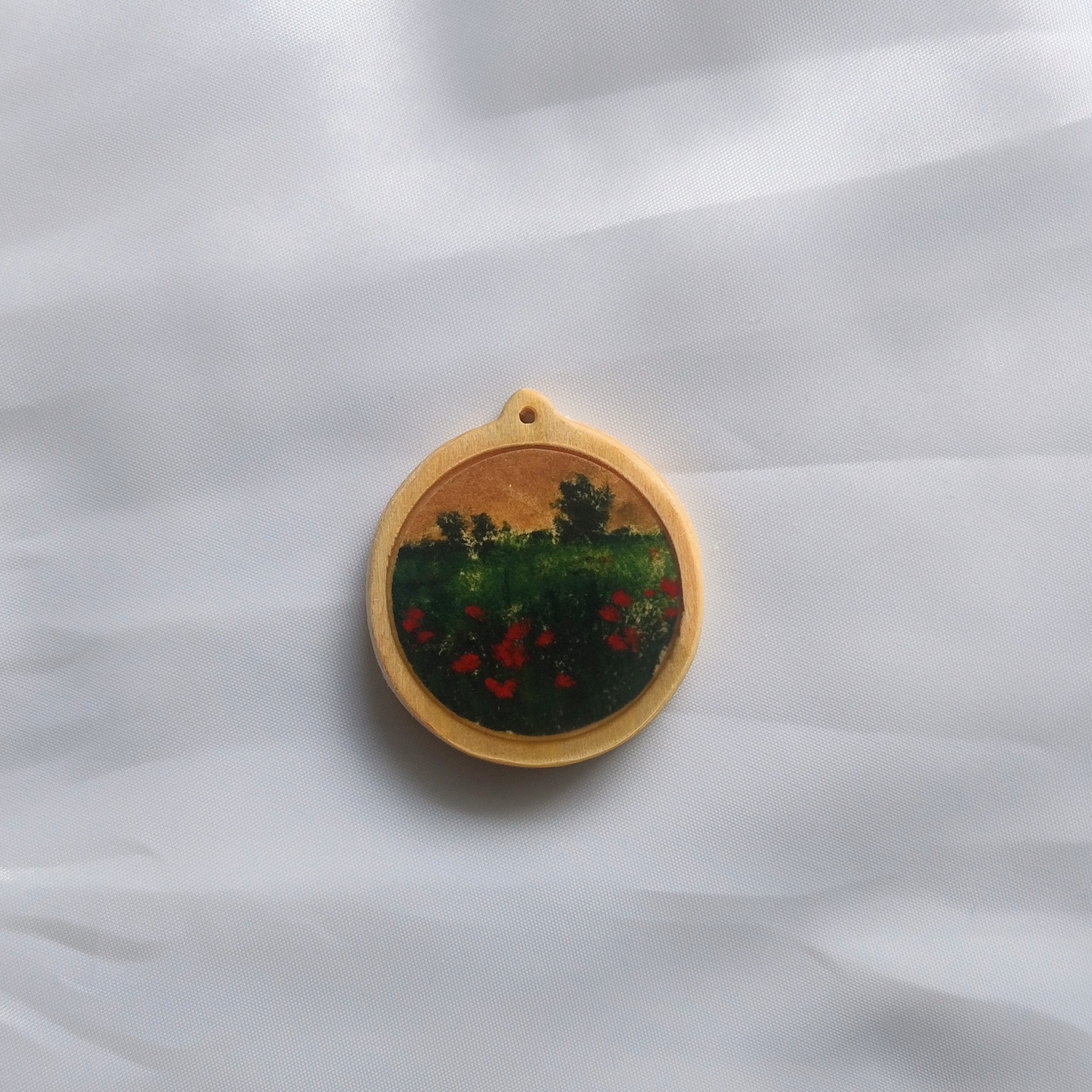 Miniature winter landscape on wood cabuchon