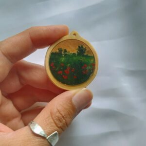 Miniature winter landscape on wood cabuchon