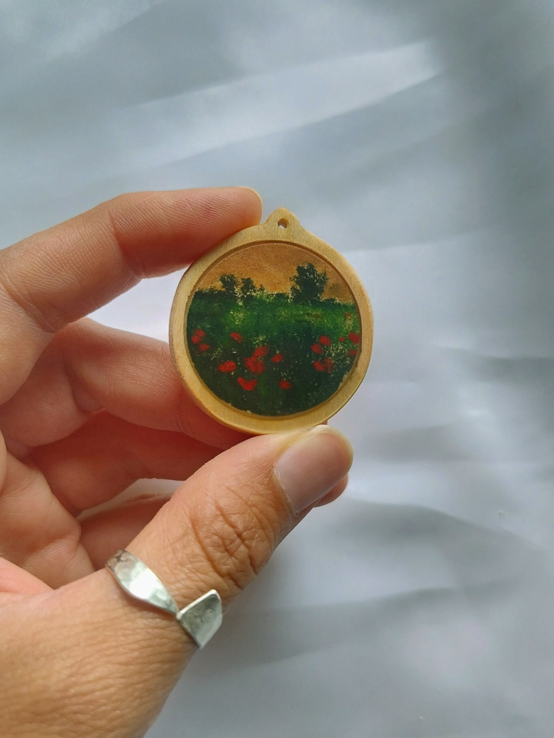 Miniature winter landscape on wood cabuchon