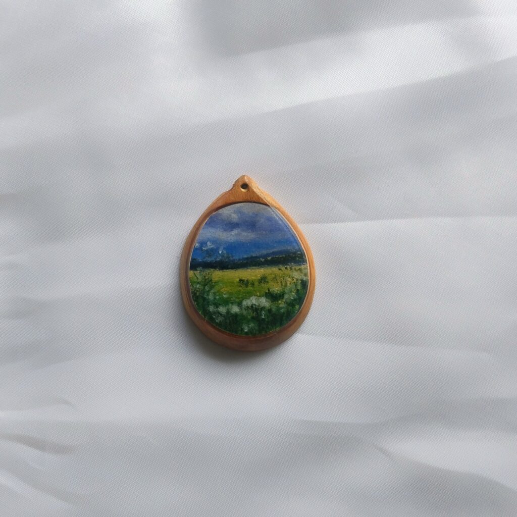 Miniature winter landscape on wood cabuchon