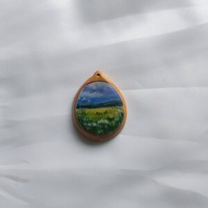 Miniature winter landscape on wood cabuchon