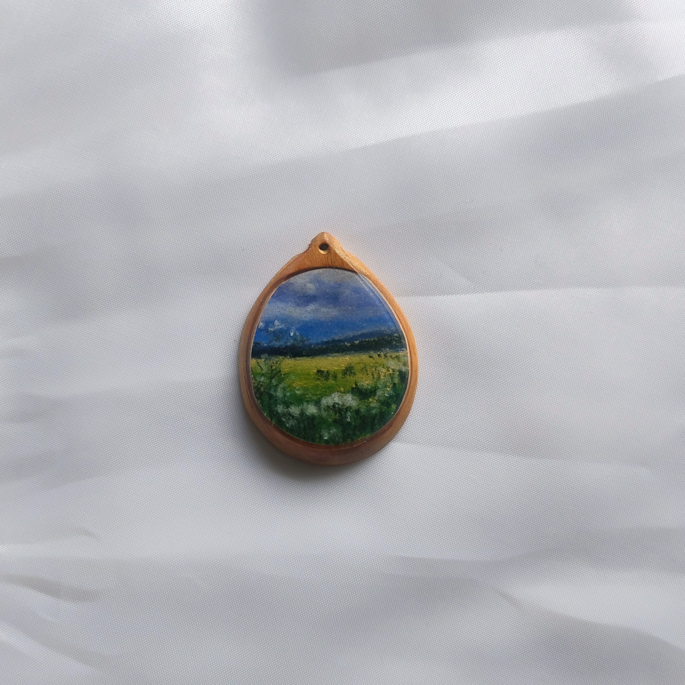 Miniature winter landscape on wood cabuchon