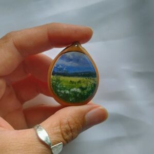 Miniature winter landscape on wood cabuchon