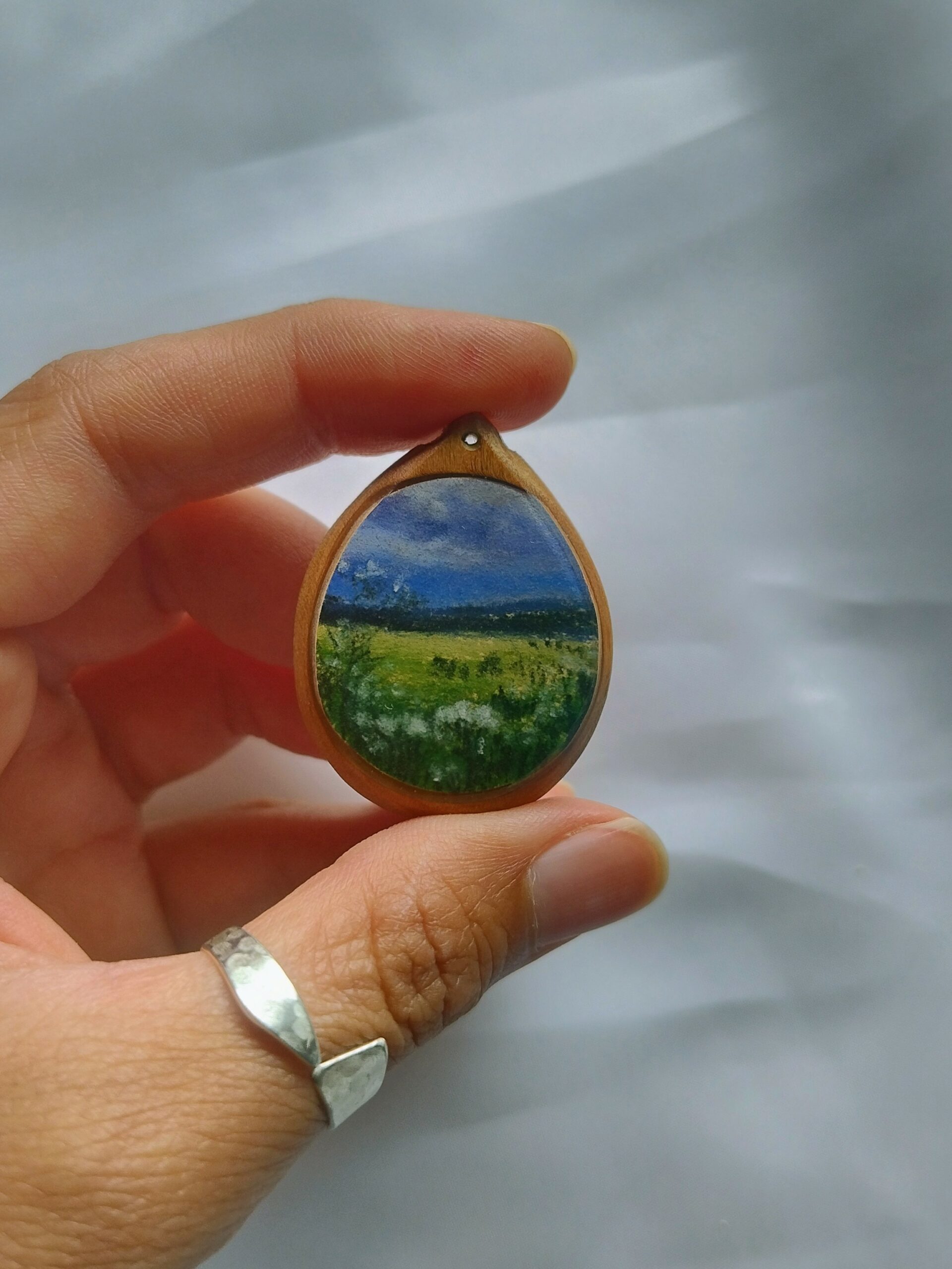 Miniature winter landscape on wood cabuchon