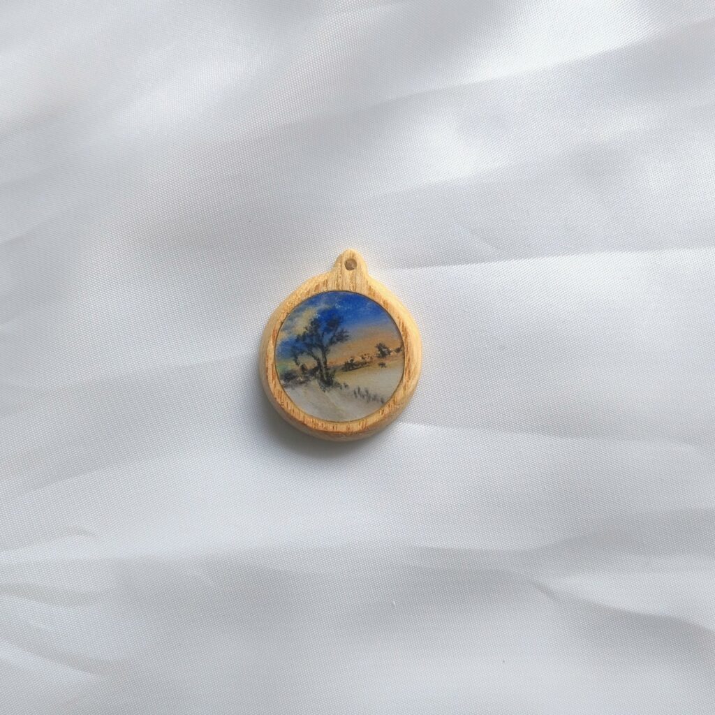 Miniature winter landscape on wood cabuchon