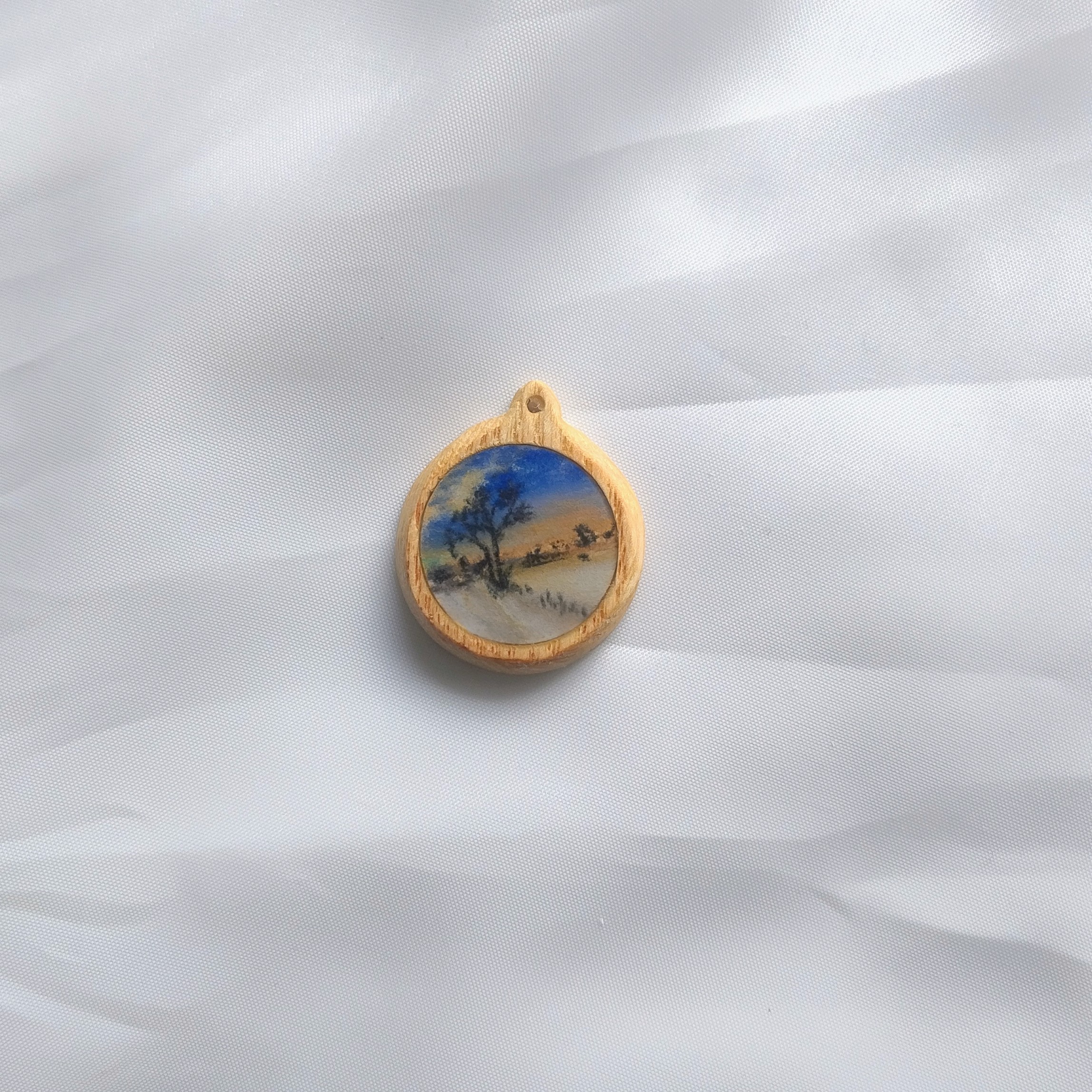 Miniature winter landscape on wood cabuchon