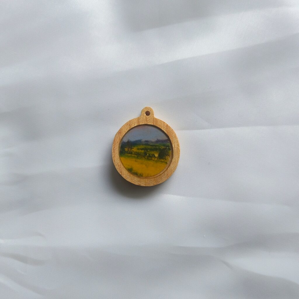 Miniature winter landscape on wood cabuchon