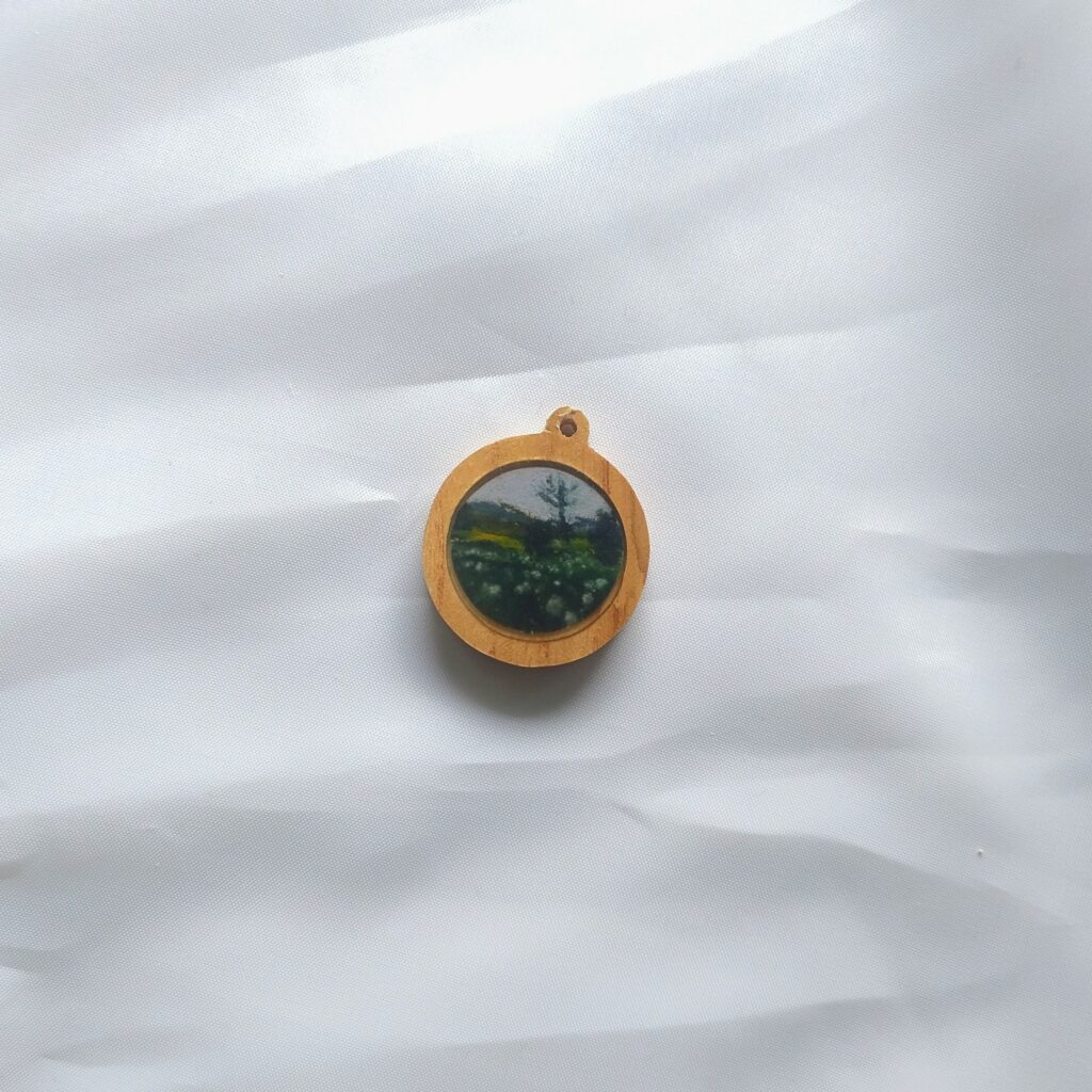 Miniature winter landscape on wood cabuchon