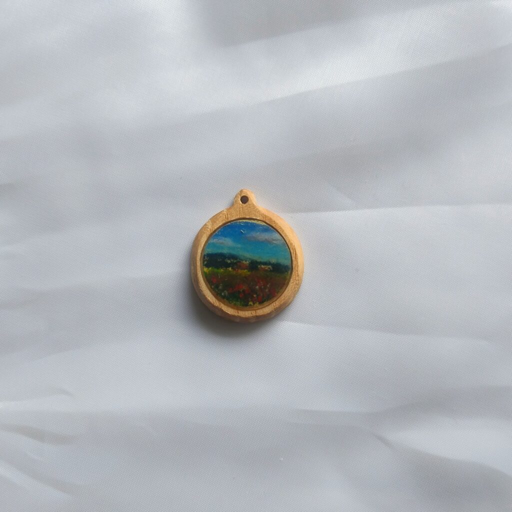 Miniature winter landscape on wood cabuchon