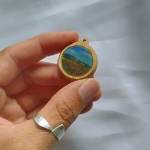 Miniature winter landscape on wood cabuchon
