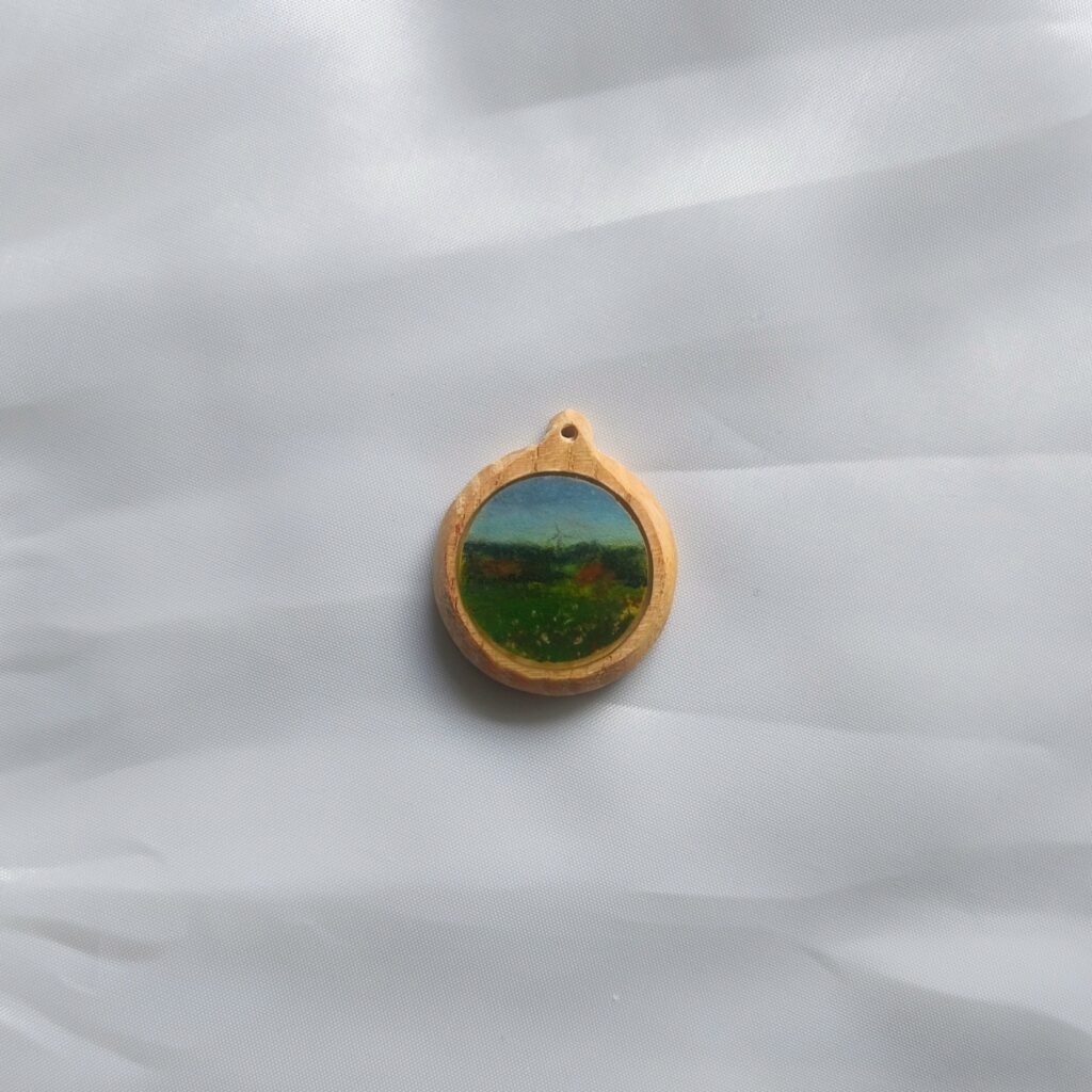Miniature winter landscape on wood cabuchon