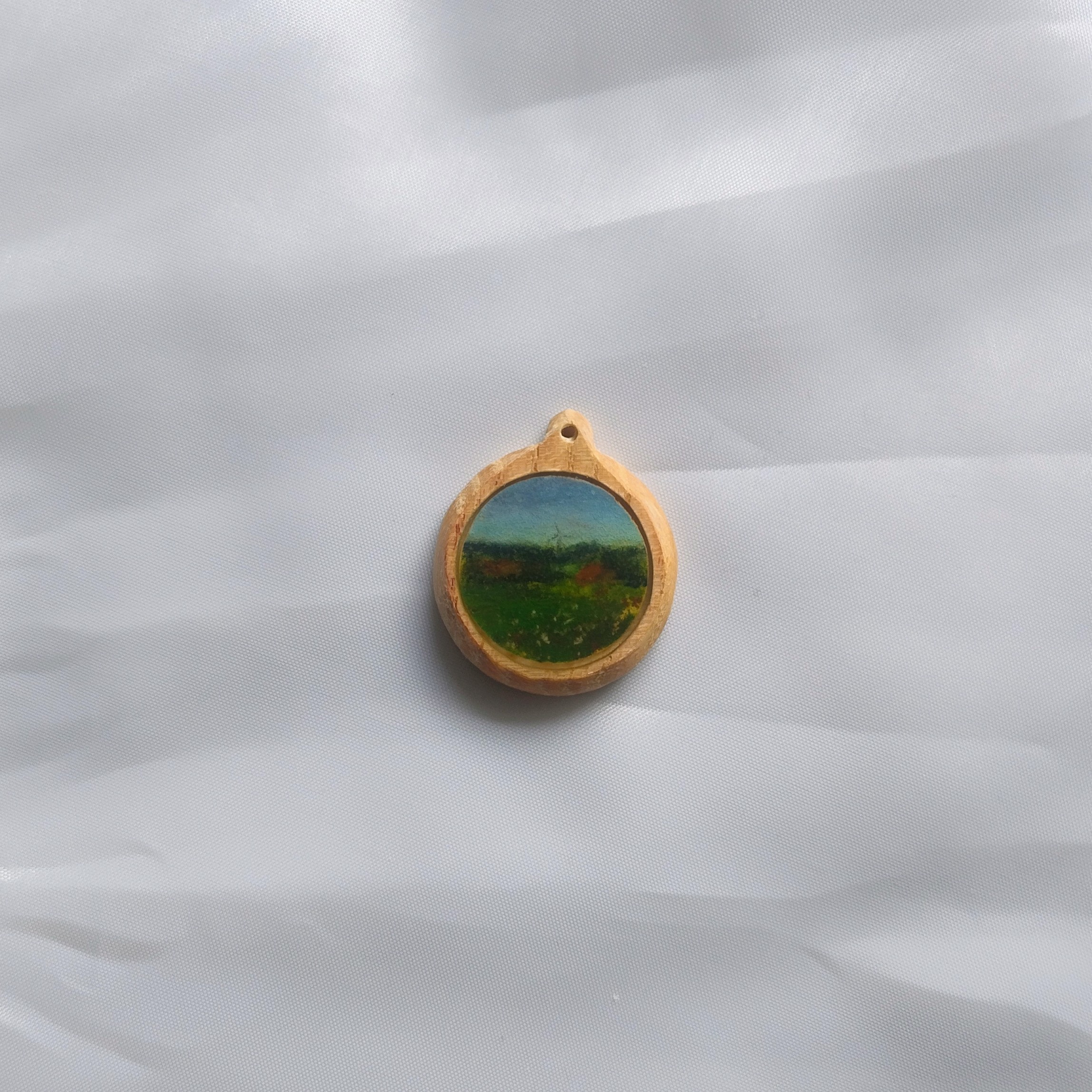 Miniature winter landscape on wood cabuchon