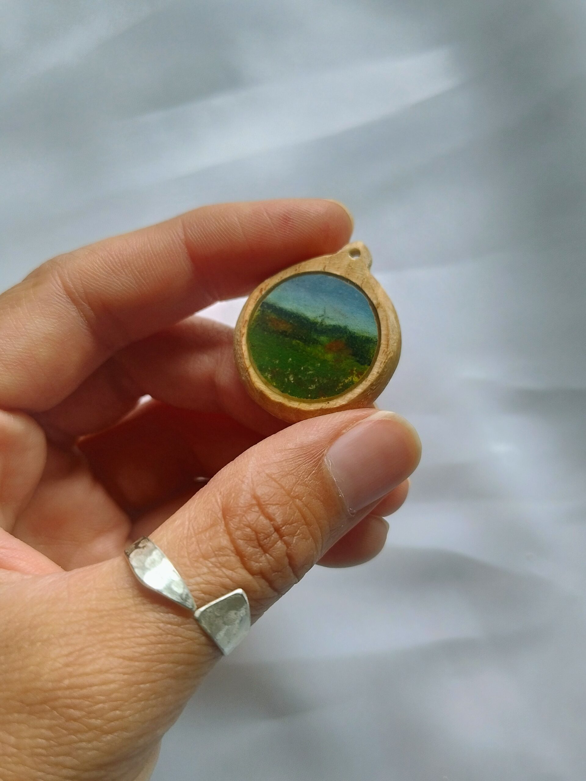 Miniature winter landscape on wood cabuchon