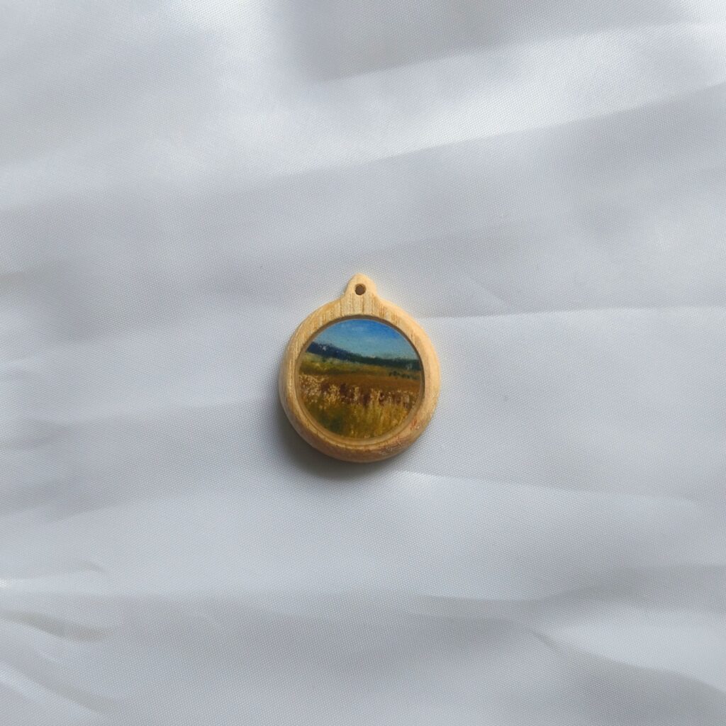 Miniature winter landscape on wood cabuchon