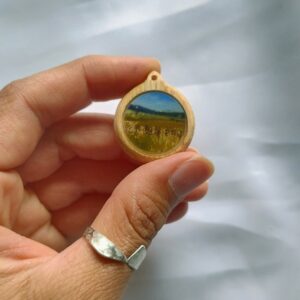 Miniature winter landscape on wood cabuchon