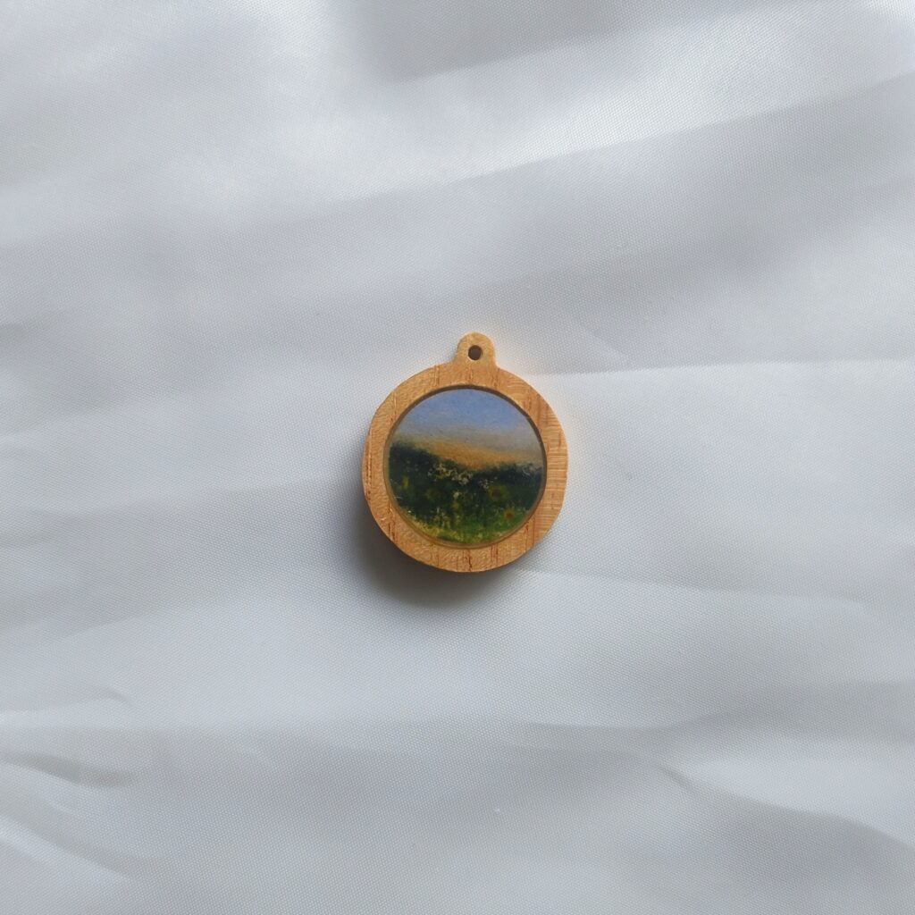 Miniature winter landscape on wood cabuchon