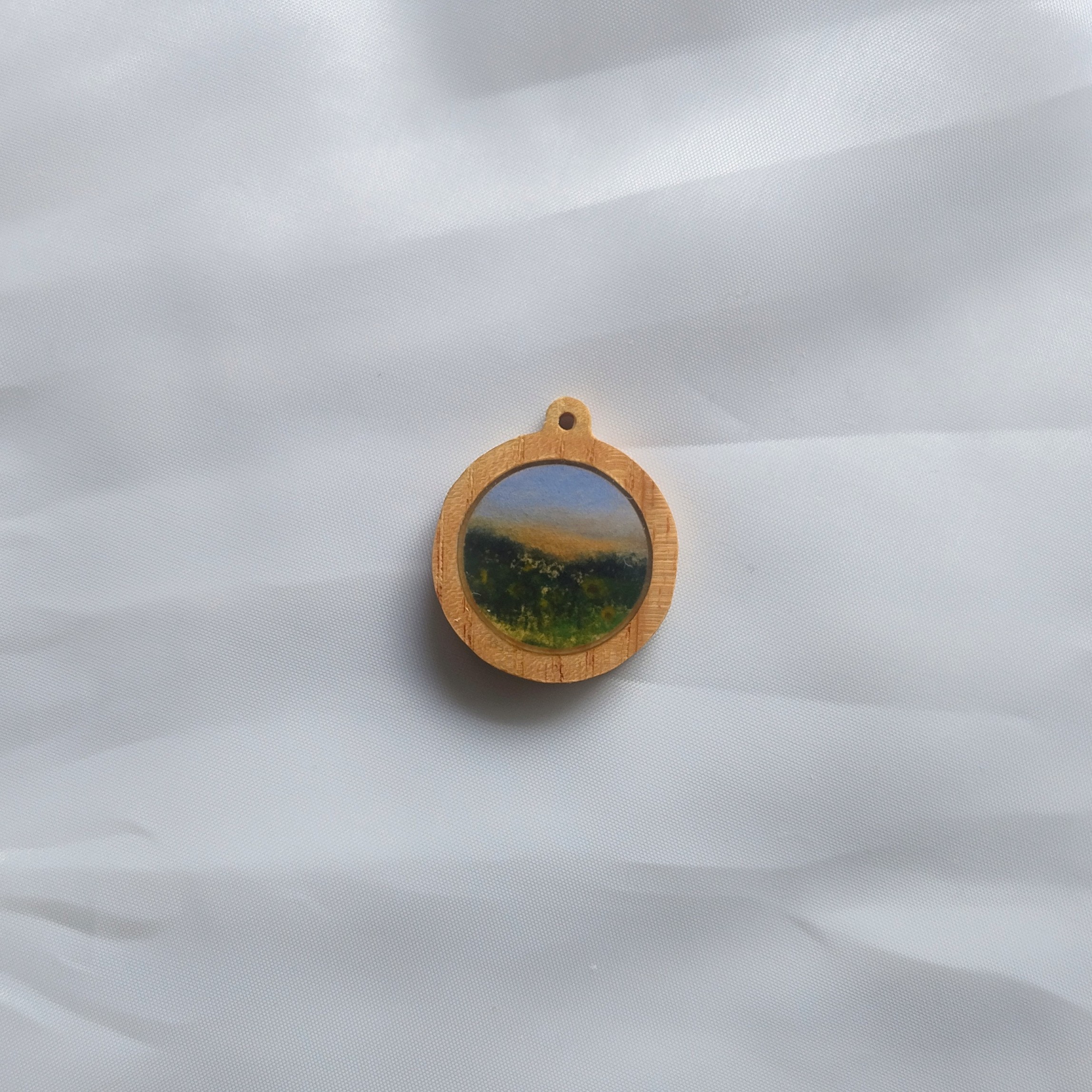 Miniature winter landscape on wood cabuchon