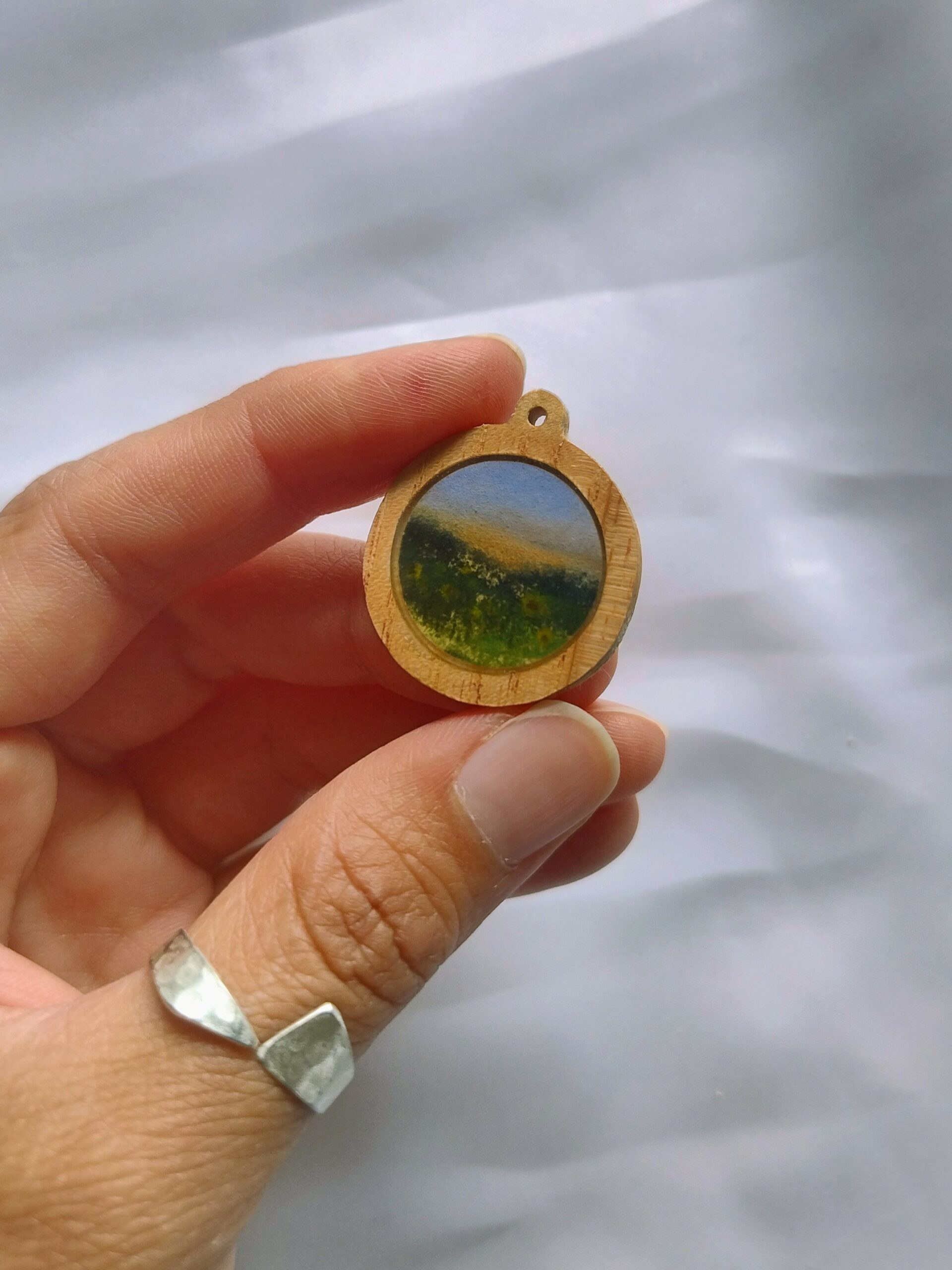 Miniature winter landscape on wood cabuchon