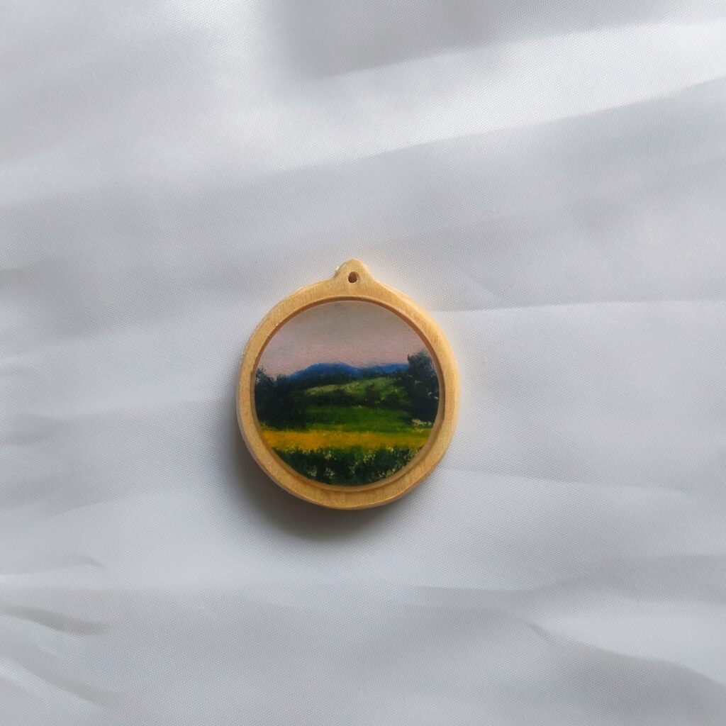 Miniature winter landscape on wood cabuchon