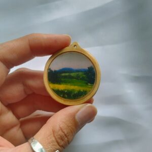 Miniature winter landscape on wood cabuchon